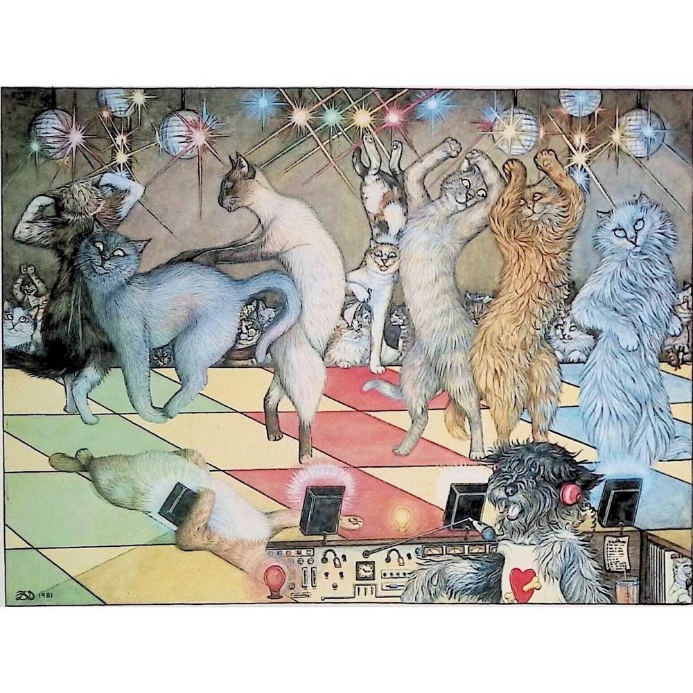 1982 Zoe Stokes Disco Dancing Cats DJ Vintage Book Print Funny Feline Wall Art